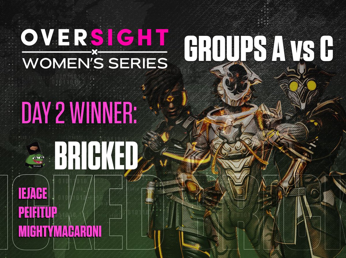 Bricked takes home match day 2 of the Oversight Women's Series! Congratulations to @IEJace, @peifitup, and @MightyMacaroni. Overall results will be posted here shortly.