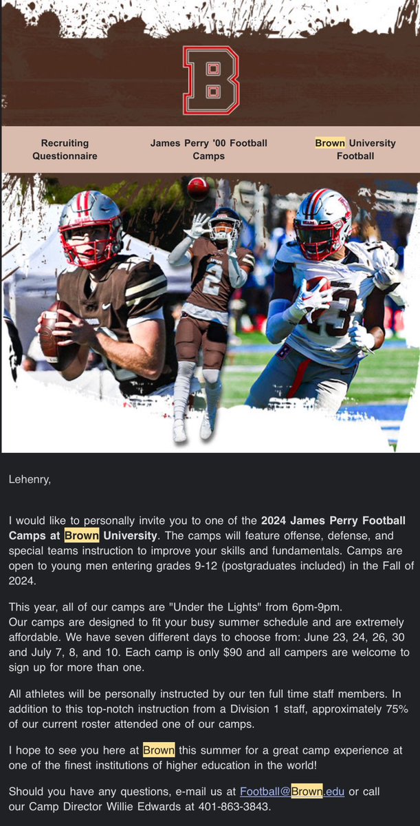 lehenrysolomon's tweet photo. Beyond Blessed To Recieve an Official Camp Invite to Brown University #Blessed @BrownUniversity #JamesPerry https://t.co/RX9mHVbOYb