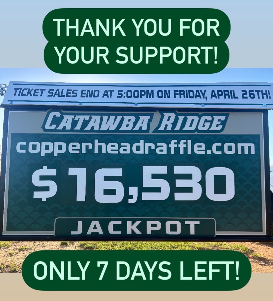 Time is running out Copperheads! Please consider purchasing a ticket for this year’s 50/50 raffle. Half of funds raised support the Catawba Ridge baseball team and the other half goes to 1 lucky winner! The link to purchase tickets is go.rallyup.com/copperheadraff… TY for your support!