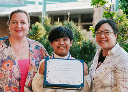 Celebration of Success! Pictured: Sequoia Elementary Principal Becky Vichiquis, 5th grade student Eli Cunanan and Speech and Language Pathologist Patty Liu @SequoiaEL @MtDiabloUSD