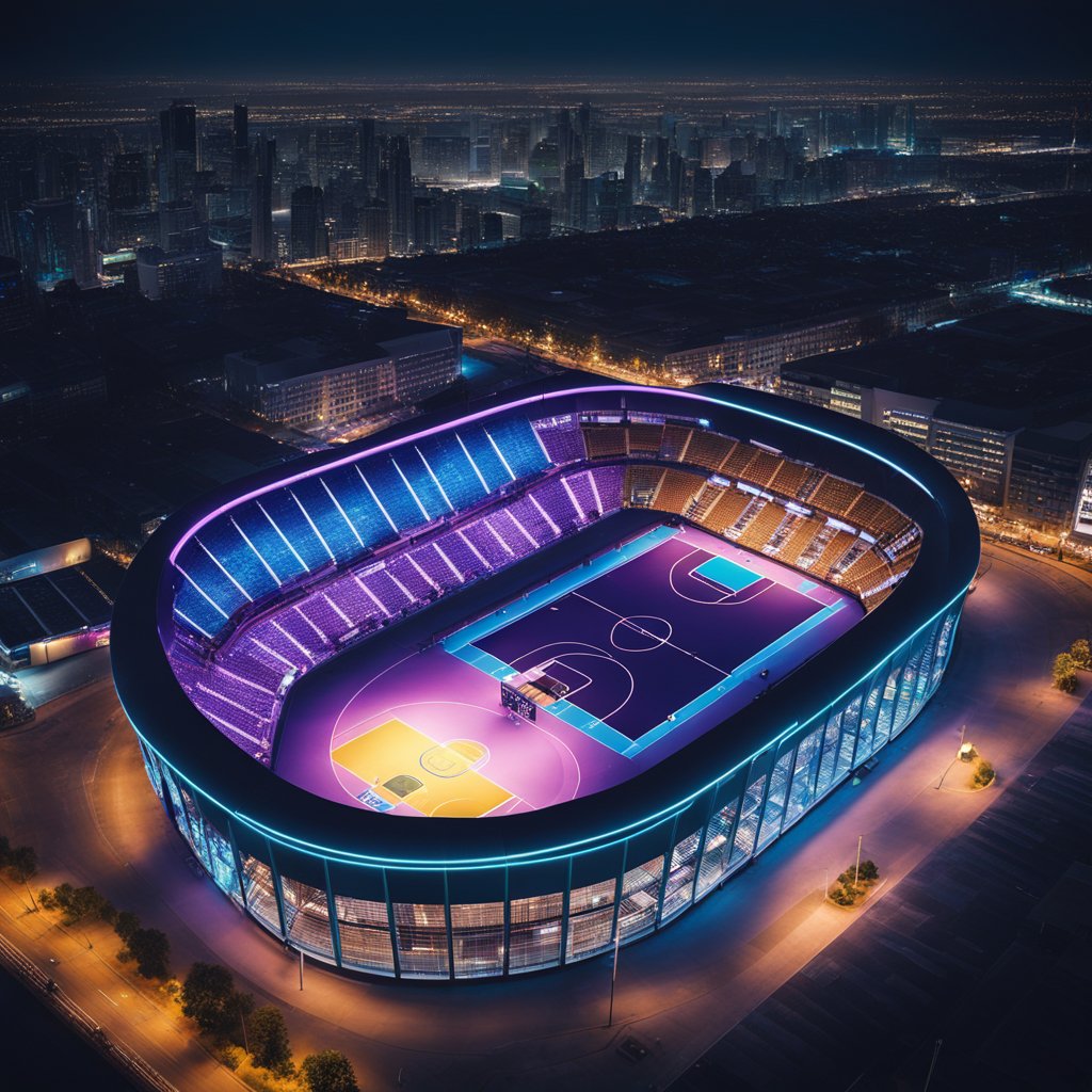'draw an aerial view of an enormous basketball stadium at night with neon lights surrounded by a city' #AI #basketball #AIArtwork