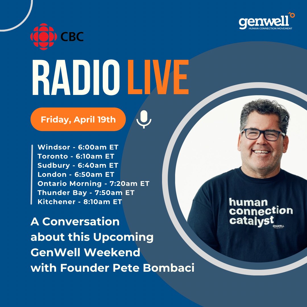 GenWellProject's tweet image. Are you making plans to get connected at your office, classroom, home, street or community for GenWell Weekend? 

Want to know more about Canada’s Human Connection Movement? Join our founder @petebombaci tomorrow morning on @cbcradio stations across Ontario!

#cbcradio #cbc