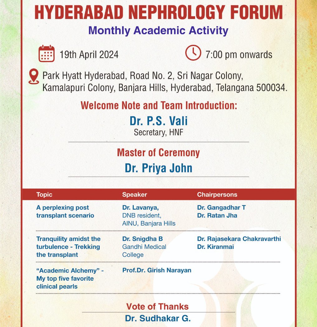Join us for an enriching evening at the Hyderabad Nephrology Forum’s monthly meet-up! 
🏥 19th April, 7 PM
💠Engaging talks, expert insights, and a great networking opportunity await!

<a href="/kiranmai_ismal/">Kiranmai Ismal</a> <a href="/SwarnalathaGud2/">Swarnalatha Guditi</a> <a href="/DrPSVali/">Dr P S Vali</a>