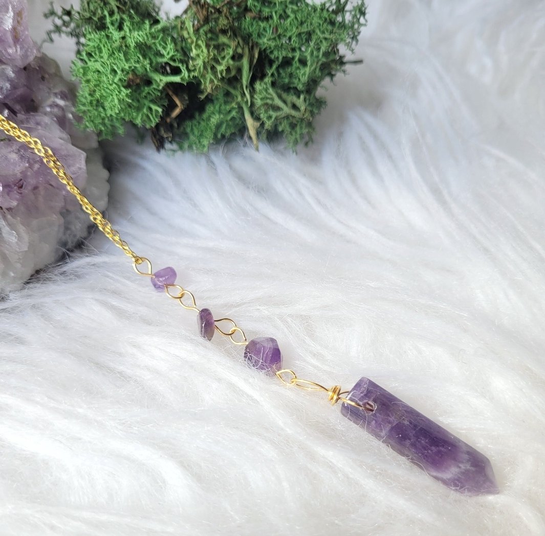 Gold plated necklace with Amethyst point and beads. Can be taken off and used as a pendulum. thewildwoodlandwitch.etsy.com #MHHSBD #EarlyBiz