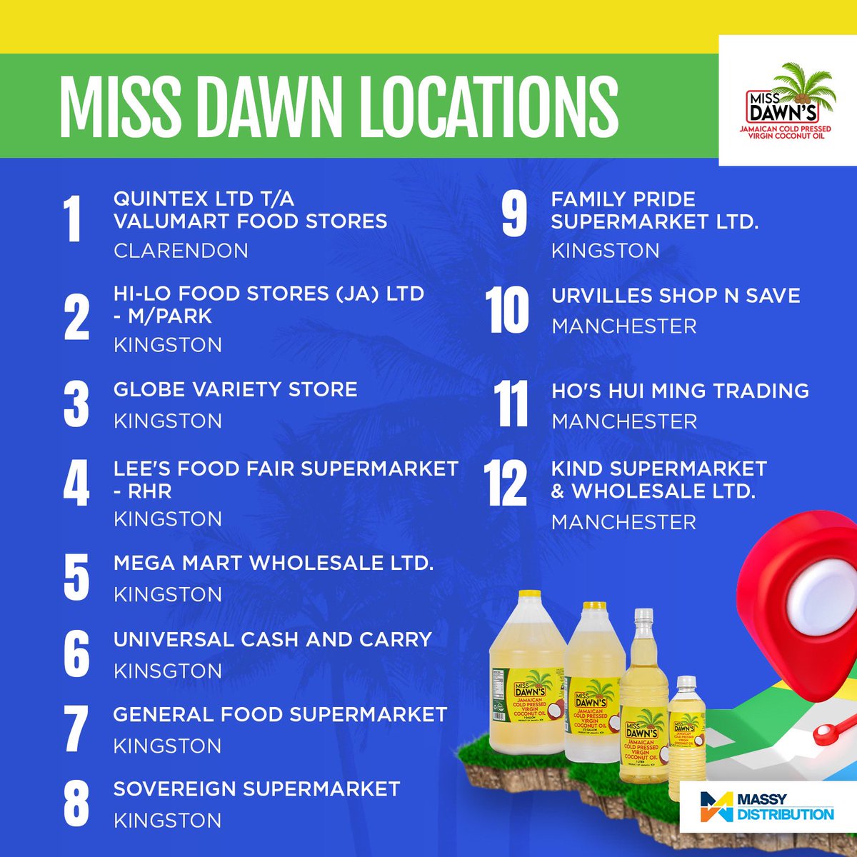 zachblaxx's tweet image. Proud to announce we are available in 42 locations island wide 🇯🇲🥥🌴 and growing #massydistribution #missdawn #coconutoil #jamaican