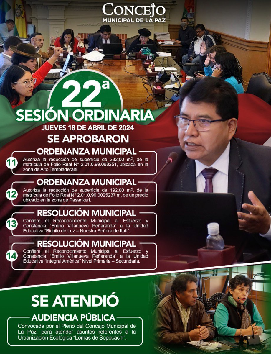 En la última Sesión Ordinaria de la gestión 2023-2024, dirigida por el presidente del #ConcejoMunicipal de #LaPaz, #LucioQuispe, se aprobaron las siguientes normativas.

#TodosPorLaPaz
#SomosTuConcejo
#ElConcejoDeLaGente