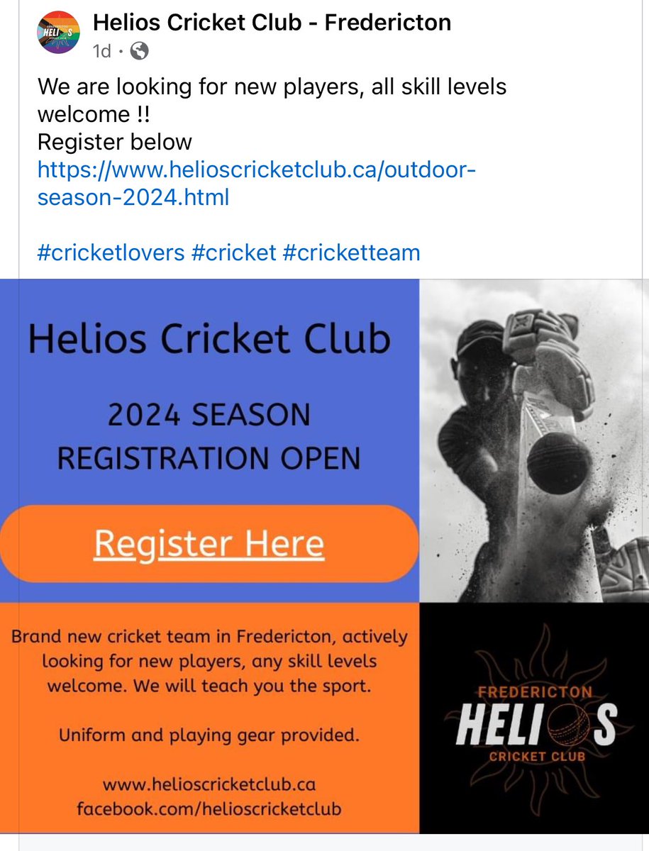 Chella3012's tweet photo. Anyone interested in playing Cricket can register here https://t.co/JXknPFn2oP . Not in the Fredericton area, fill out the contact us form https://t.co/Q8RSSz5TsX to be connected to an NB team in your area. https://t.co/cARS7mjut6