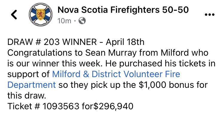 Congrats! #EastHants #Milford #Firefighter5050 #Rafflebox #ElmsdaleNS