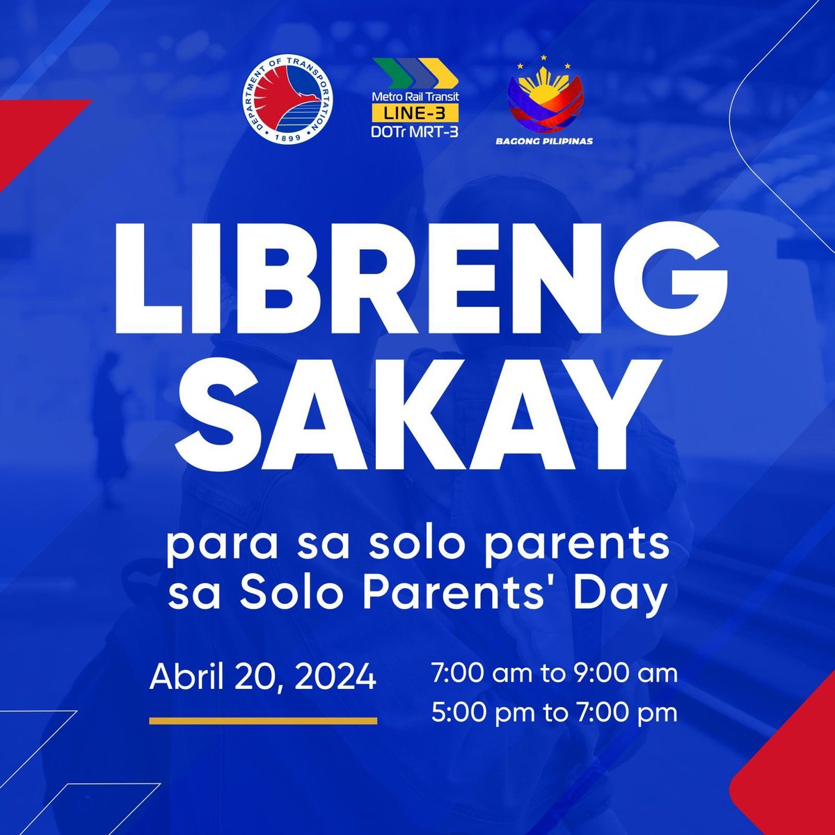𝐌𝐀𝐆𝐀𝐍𝐃𝐀𝐍𝐆 𝐁𝐀𝐋𝐈𝐓𝐀! Bilang pagdiriwang ng Solo Parents' Day, maghahandog ng LIBRENG SAKAY ang MRT-3 para sa mga single parent sa darating na Abril 20. facebook.com/share/p/9jEKCg…