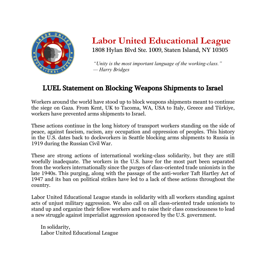 LUEL Statement on Blocking Weapons Shipments to Israel
#WFTU #FSM #LUEL #LaborToday #HBSL #NLRB

luel.us/wp-content/upl…
labortoday.luel.us/luel-statement…
