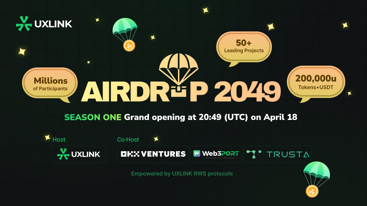 🔥🔥We are thrilled to partner up with @OKX_Ventures , @Web3Port_Labs , and @TrustaLabs to host the year's ultimate Web3 extravaganza - #AIRDROP2049! 🎁🎁Prepare for the excitement with 50+ leading Web3 projects, and brace yourselves for the chance to snag $100,000 USDT and