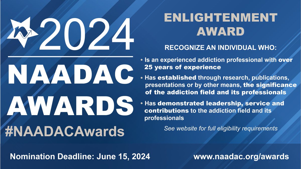 The NAADAC Enlightenment Award celebrates those who have brought new perspectives, ideas, and approaches to addiction counseling, paving the way for positive change and enlightenment. Submit your award nomination by June 15! bit.ly/3Jq7QPE #NAADACAwards