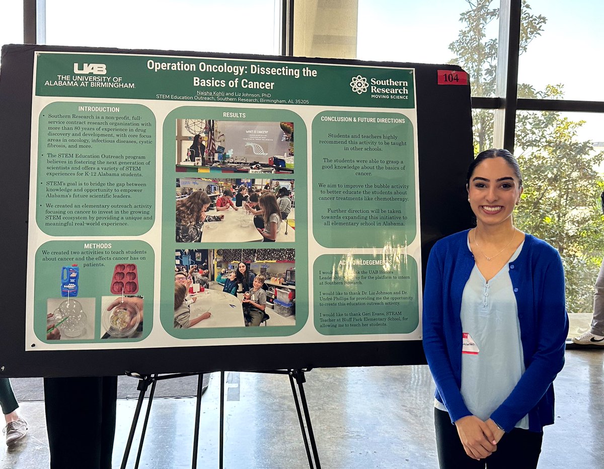 So incredibly proud of Naisha, who interned with us this past year as part of the inaugural class of the <a href="/HonorsUAB/">UAB Honors College</a> Leadership Academy Program. She not only honed her #leadership skills, but she also developed an innovative K-5 outreach activity about cancer. #movingscience 🧬