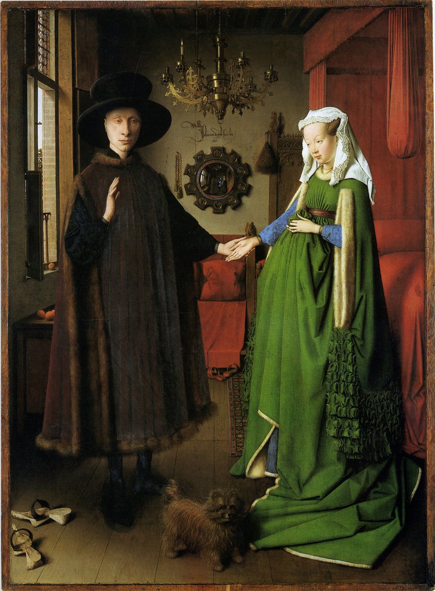 #JanVanEyck Catching up w old news. Having taught the traditional interpretation of this as a wedding portrait, I decided to look at new research. She is not Jeanne de Cename is he Giovanni di Arrigo Arnolfini; they did not wed until 1447.It gets weirder 🧵