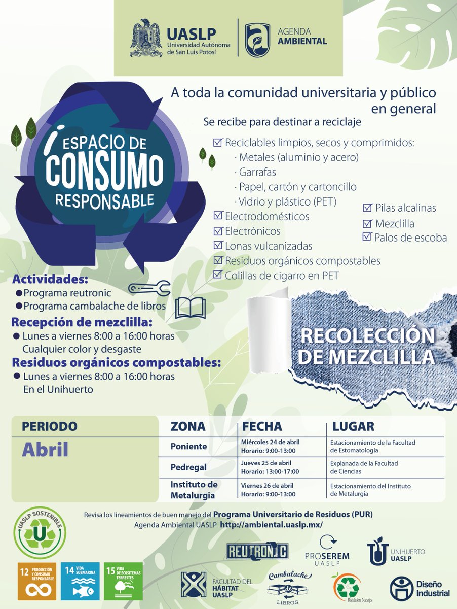 CasaComunSLP's tweet photo. La UASLP a través de la @UASLP_Ambiental  trabaja en educar respecto a prácticas de consumo, así como proponer mecanismos para el manejo apropiado de residuos buscando lograr una sensibilización y socialización de la información. https://t.co/1MX7APrHtx