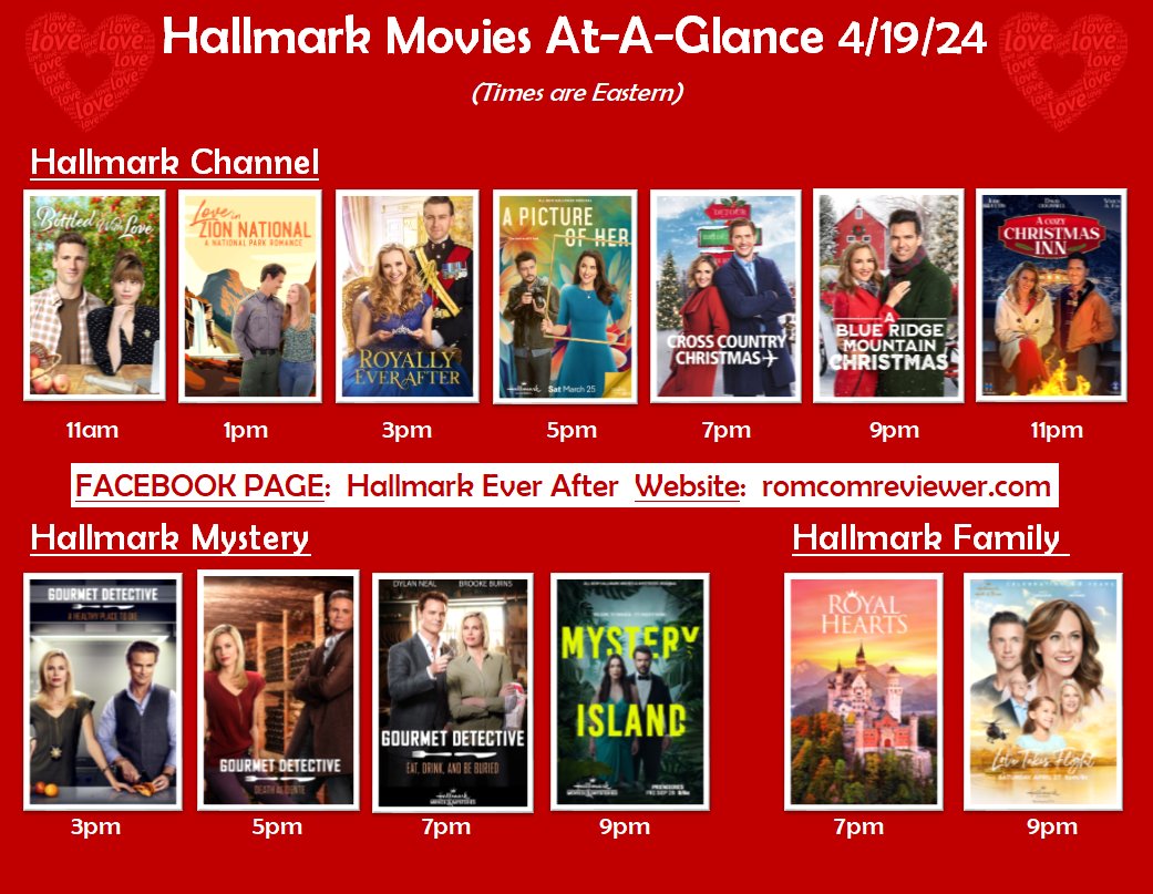 Here are the movies playing today, 4/19, on #HallmarkChannel, #HallmarkMystery, and #HallmarkFamily.

#Hallmarkies #Sleuthers #Romcoms #HallmarkSchedule #HallmarkMovies #ChristmasMovies #SpringIntoLove