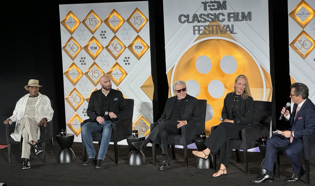 Uma Thurman, Harvey Keitel, John Travolta & Samuel L. Jackson take the stage with #TCM host @BenMank77 @ the 15th Annual #TCMFilmFest @ChineseTheatres!