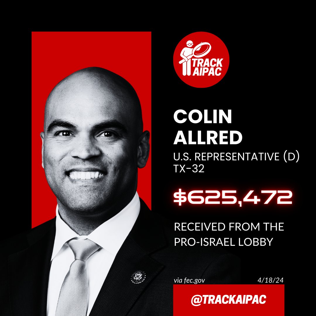 @ColinAllredTX Colin Allred has received >$625,000 from the Israel lobby, including AIPAC. He does not cosponsor the House ceasefire resolution, the Palestinian rights resolution, or the ban on sending precision-guided bombs to Israel resolution. Colin Allred has consistently voted for…