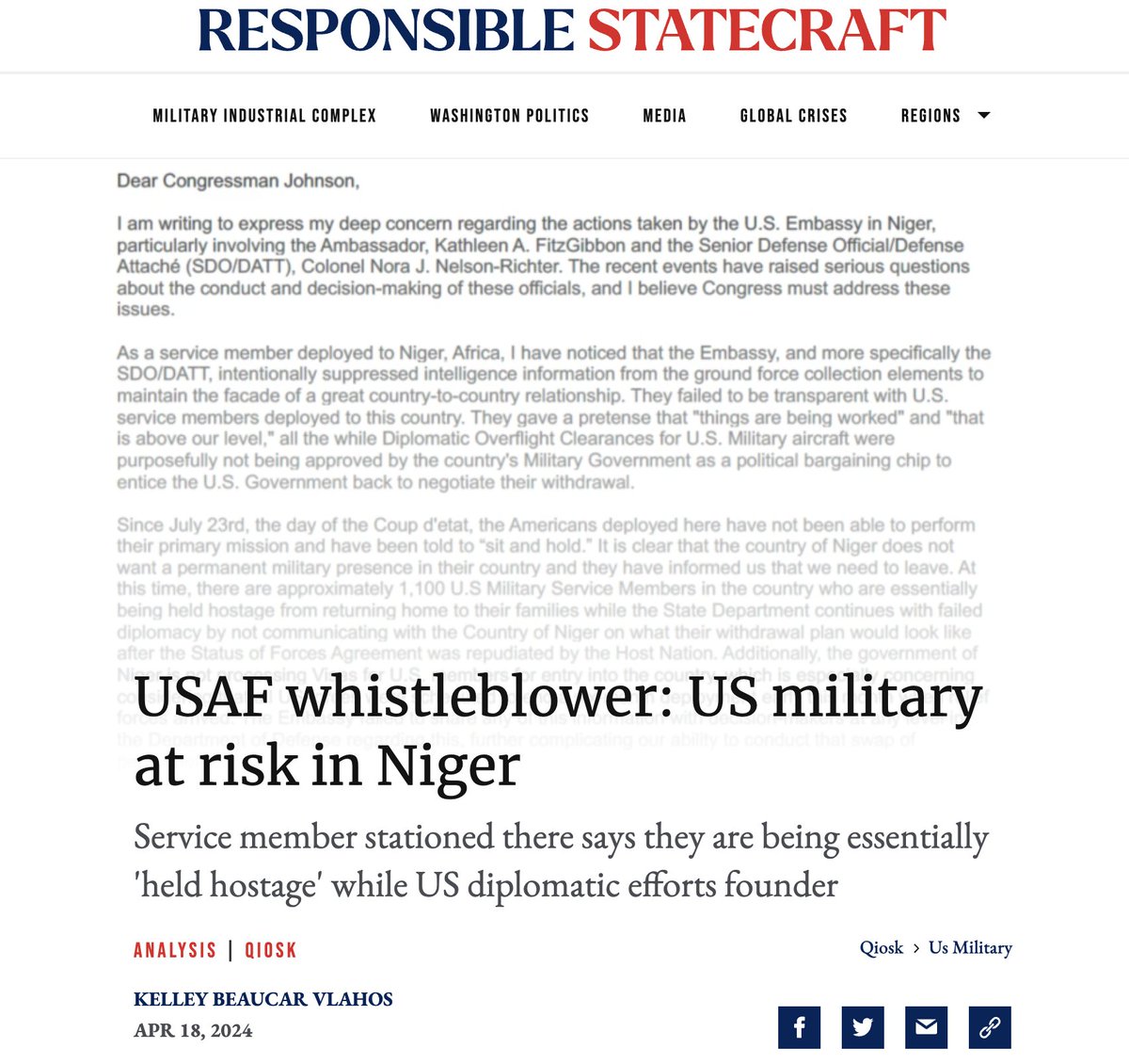 Must read from today: 1,100 US military personnel 'at risk' as State Department and Pentagon desperate not to leave Niger as asked. What gives? responsiblestatecraft.org/whistleblower-…