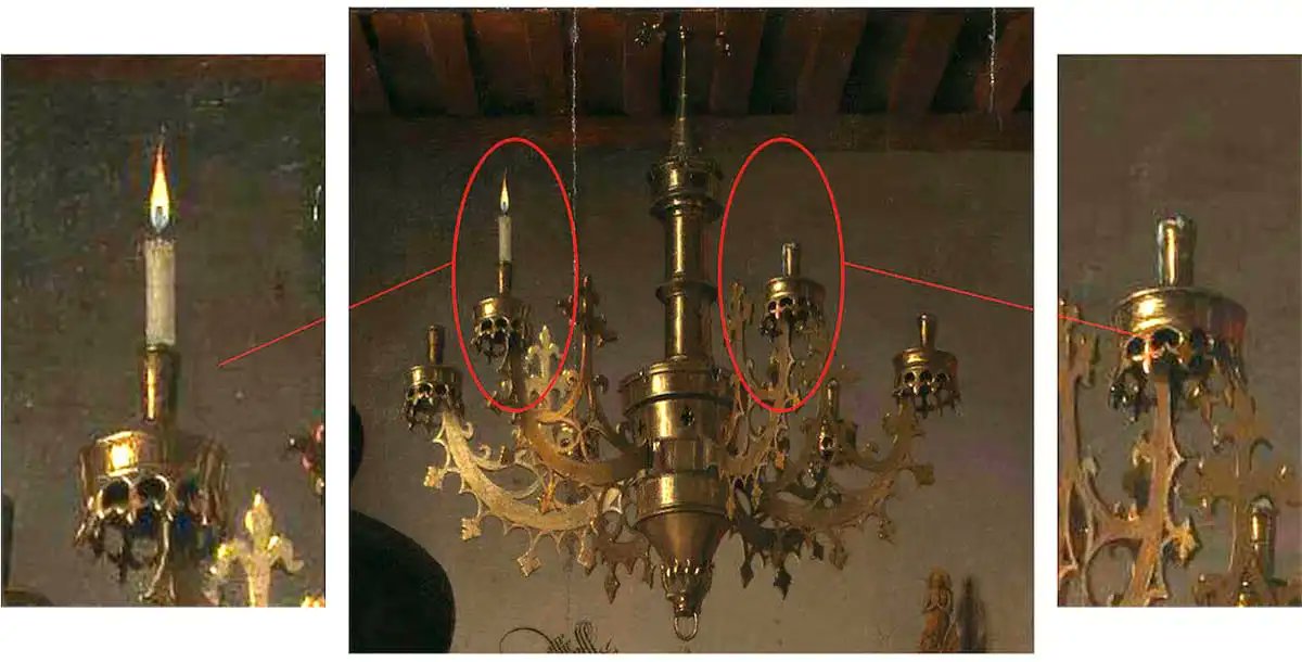 Dogs guarded women's tombs & it is closer to her. The burning candle in the chandelier is on his side=alive; the spent candle w dried wax is on hers=death. This might explain the lack of joy and the somber atmosphere of the painting, but it does not explain the oranges, bed,etc.
