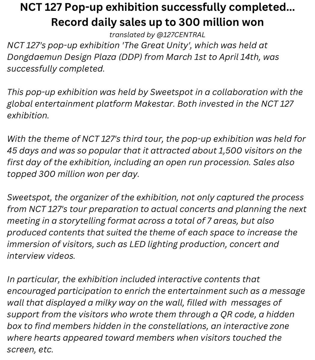 240419 [PRESS] #NCT127 Pop-up exhibition successfully completed... Record daily sales up to 300 million won “The pop-up exhibition was held for 45 days & was so popular that it attracted about 1,500 visitors on the first day of the exhibition.” @NCTsmtown_127