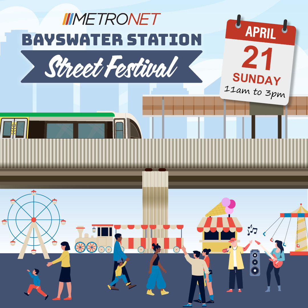 🚆 Check out the @Metronetperth Bayswater Station Street Festival this weekend! Celebrate the completion of the station with live music, rides, fairy floss, face painting and food vendors. Read more at metronet.wa.gov.au/news/latest-ne…