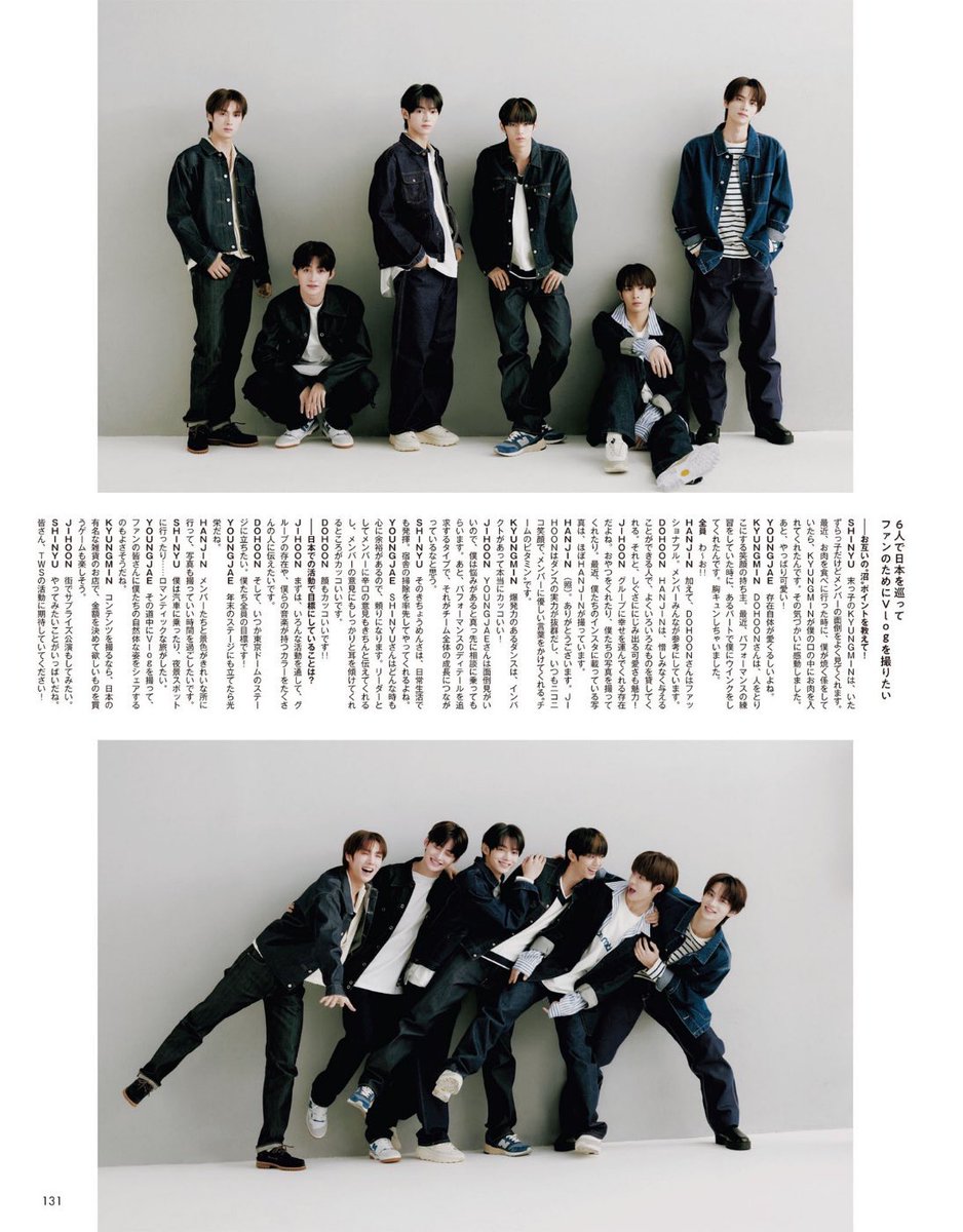doroongzip's tweet photo. TWS on non-no Magazine - 2024 June Issue  

English translation thread

—

The 6 of us want to travel around Japan and shoot vlogs for our fans!

—Narrow  down each other’s immersing points!
(t/n: 沼 (read: numa) literally translated as ”swamp”,  Japanese usually used this word to explain if someone gets almost addicted to something as if they’re stuck in  a swamp. But I changed it to immersing for a better understanding translation)

🦒: Our youngest member, Kyungmin, is mischievous but he takes a good care of other members. Recently, when we went out to eat meat, I was in charge of grilling it, and Kyungmin put the meat in my mouth. I was really touched by his thoughtfulness. Also, he‘s really cute!
🐶: Even just his presence itself is adorable.

🐥: Dohoon has a smile that can capture people. Recently, when we were practicing our lines for a performance, he winked at me during one verse. It kind of made my heart flutter. Everyone was like, wow!
🐰: In addition, Dohoon is really  fashionable. All of us really look up to him.

🐺: Hanjin is a generous person who lends us various things often. Also, his cuteness shines through his actions!
🪼: Hanjin is the one who brings happiness to the group. He gives us snacks and takes pictures of us. Most of the photos that are on our Instagram are taken by him.

🐰: Thank you. Jihoon is an amazing dancer; always smiling, and always has kind words for other members. He's the vitamin of this team.
🐥: His energetic dance is impactful and really cool!

🪼: Youngjae is very caring, so when I have a problem, I always come to consult to him first. Also, he‘s the type who pursues the performance’s details, and I think that leads to the growth of the whole team.
🦒: That very same meticulousness is also shown in his daily life, since he takes the initiative to clean our place.

🐶: Shinyu is always calm and reliable. As a leader, he always gives harsh (and direct) opinions to the members, and it‘s cool that he always listens to the members‘ opinions as well.
🐺: His face is also cool  (t/n: as in attractive), too!

—What are your goals for your Japan activities?

🪼: First of all, I want to let many people know about our group and the colour of our music through various activities.
🐺: And we’d like to perform on stage at Tokyo Dome one day. That’s our goal!
🐶: It‘d be such an honour to be on the stage of year-end festival.
🐰: I want to go to a beautiful place, take photos, and have a good time with the members.
🦒: I want to go on a romantic trip, riding a train, and going to places with night views.
🐶: It‘d be nice to film a vlog on the way and share our natural selves with our fans.
🐥: If you want to get some (good) content, it’d be fun to play a game where you decide the price and buy what you want at a famous Japanese store.
🪼: I‘d like to do a surprise performance (t/n: guerrilla performance) in the city.
🦒: There are so many things we want to try. Everyone, please look forward to TWS activities!