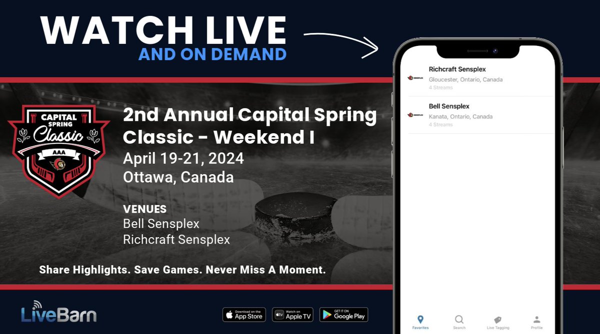 The 2nd Annual Capital Spring Classic - Weekend I, presented by Sensplex, begins tomorrow in Canada! 🏒 Can't make it to the rinks? We are streaming games throughout the weekend. Watch live or on-demand for 30 days, and don't forget to submit your highlights! 🎥