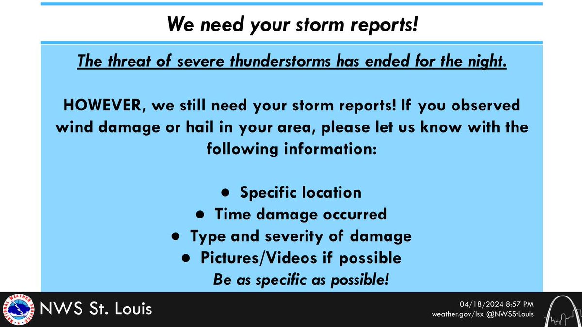 Severe thunderstorms have left our area and now we need your reports! Share here or email us at nws.stlouis@noaa.gov #mowx #ilwx #stlwx