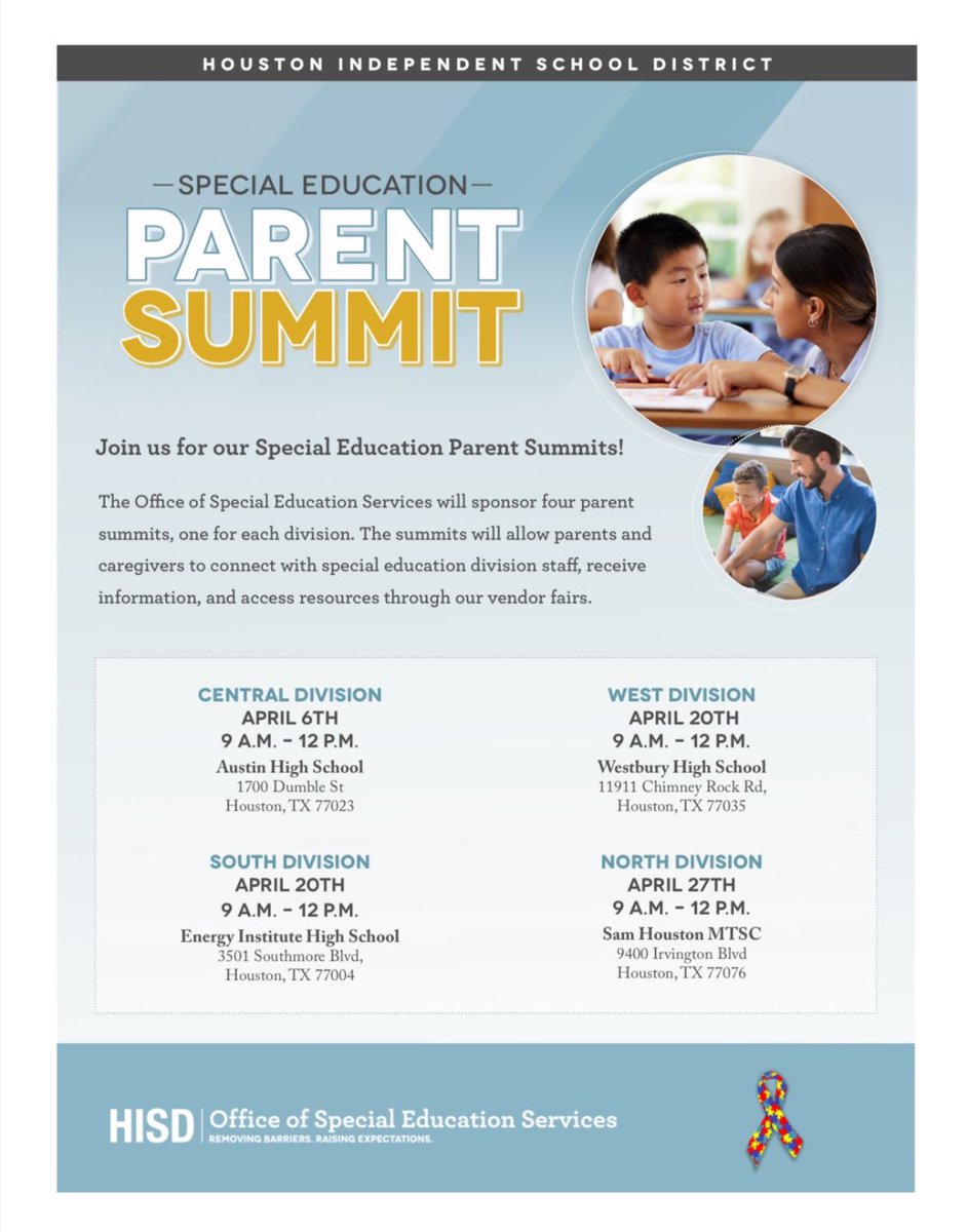 This Saturday April 20, 2024 the South and West Division will be hosting their annual Special Education Spring Parent Summit!!!! For more information please see below for details. We hope to see you there!!