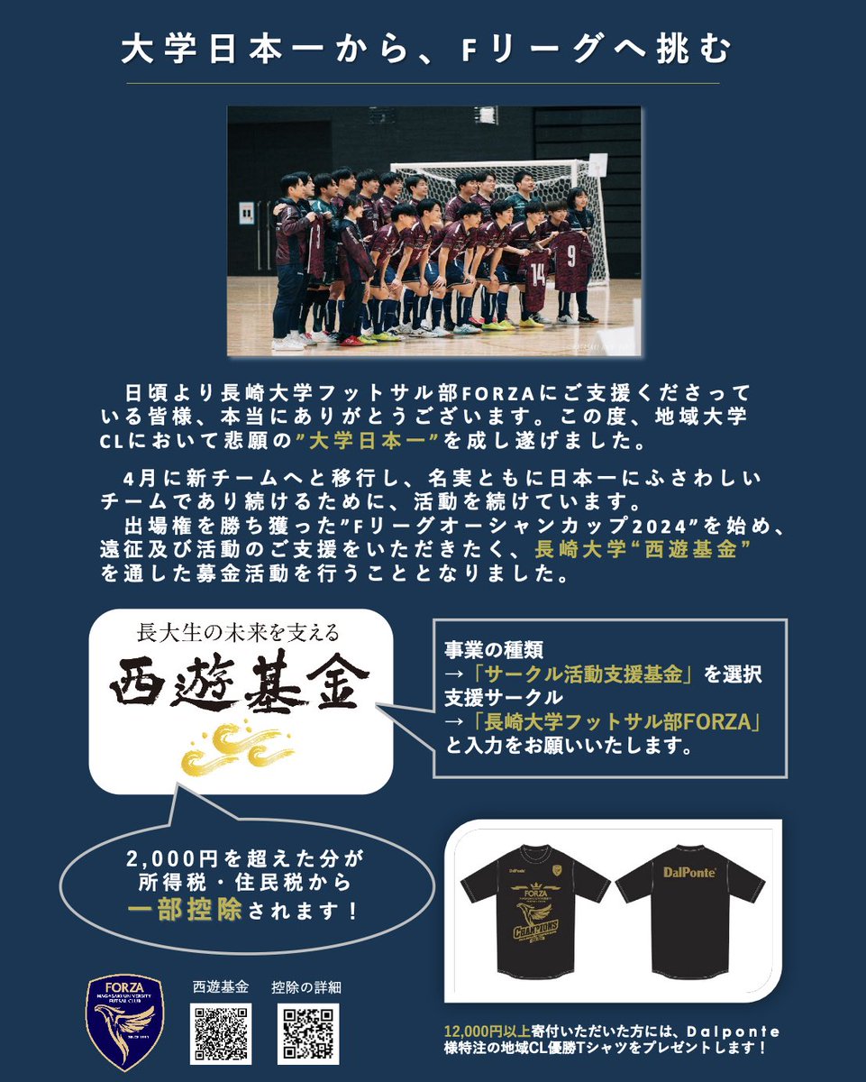 nu_forza's tweet photo. 【ご支援についてのお願い】
日頃より長崎大学フットサル部FORZAにご支援くださっている皆様、本当にありがとうございます。

この度、3月の地域大学CLで大学日本一となり出場権を勝ち獲った ” Fリーグオーシャンカップ2024” を始め、遠征及び活動のご支援をいただきたく、 長崎大学“西遊基金”を通した募金活動を行うこととなりました。

ご寄附は下記のURL、もしくはポスター内のQRコードよりお���込みいただくことができます。
※確定申告により一部控除を受けることが出来ますので、併せてご確認ください。

▼長崎大学”西遊基金”
https://t.co/CqCfiPSvwY

▼税制上の優遇措置
https://t.co/eEmMZnIefL

ご協力のほど、よろしくお願いいたします。

長崎大学フットサル部FORZA