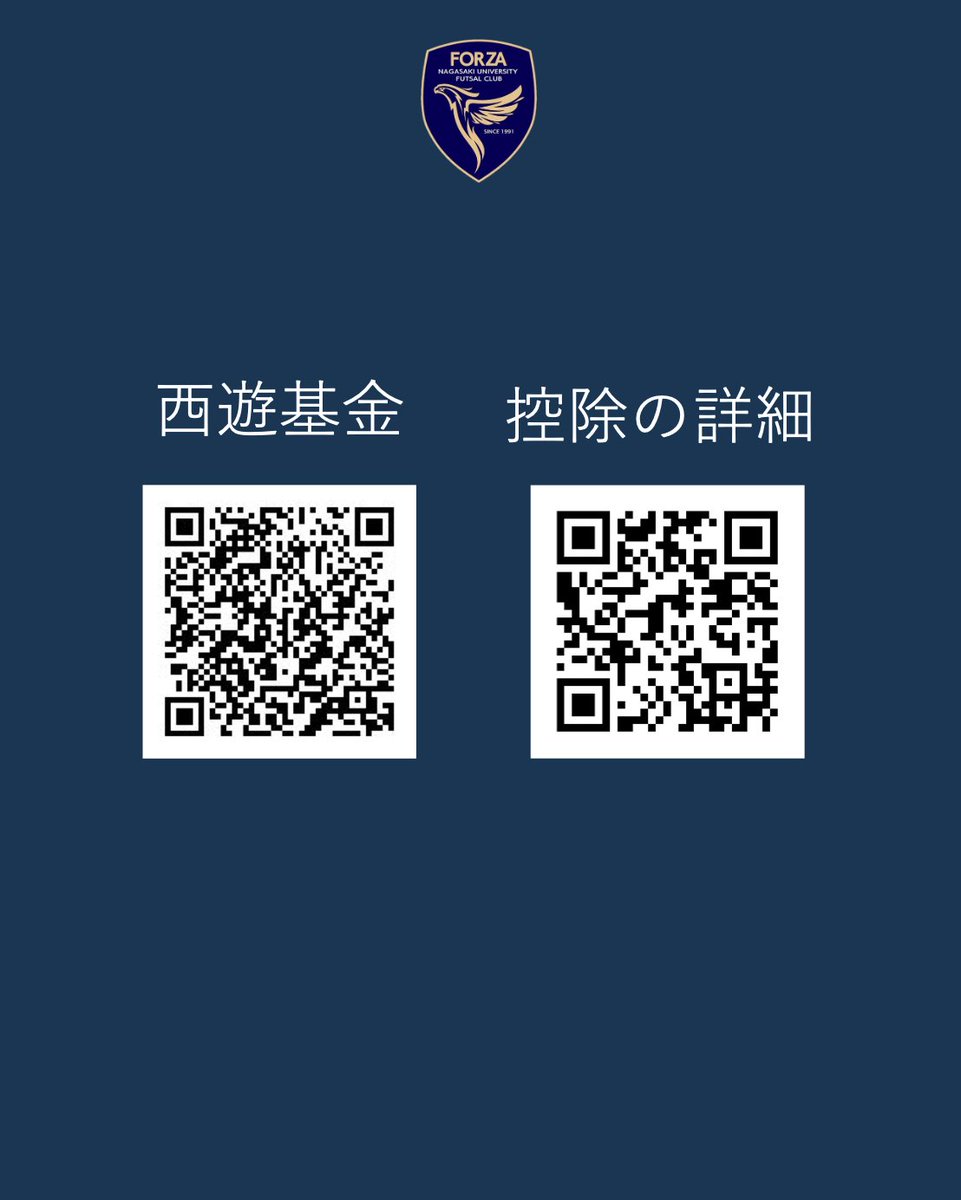 nu_forza's tweet photo. 【ご支援についてのお願い】
日頃より長崎大学フットサル部FORZAにご支援くださっている皆様、本当にありがとうございます。

この度、3月の地域大学CLで大学日本一となり出場権を勝ち獲った ” Fリーグオーシャンカップ2024” を始め、遠征及び活動のご支援をいただきたく、 長崎大学“西遊基金”を通した募金活動を行うこととなりました。

ご寄附は下記のURL、もしくはポスター内のQRコードよりお���込みいただくことができます。
※確定申告により一部控除を受けることが出来ますので、併せてご確認ください。

▼長崎大学”西遊基金”
https://t.co/CqCfiPSvwY

▼税制上の優遇措置
https://t.co/eEmMZnIefL

ご協力のほど、よろしくお願いいたします。

長崎大学フットサル部FORZA