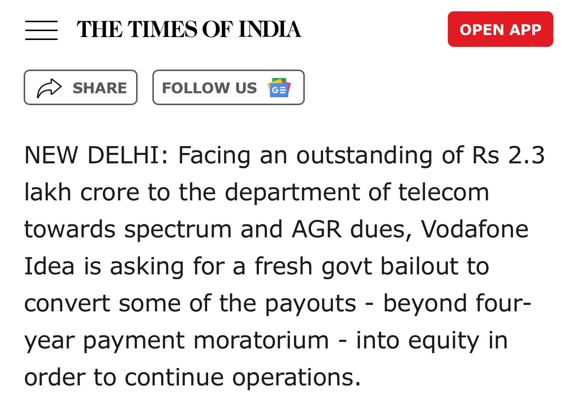 We the taxpayers are about to a lose another ₹2,30,000 Crores.

Vodafone Idea owes this amount to Govt of India in dues. Unable to pay these dues, the Company seeks to convert these dues into equity. What an ‘idea’, Sirji!

Govt had earlier converted Vodafone Idea's future