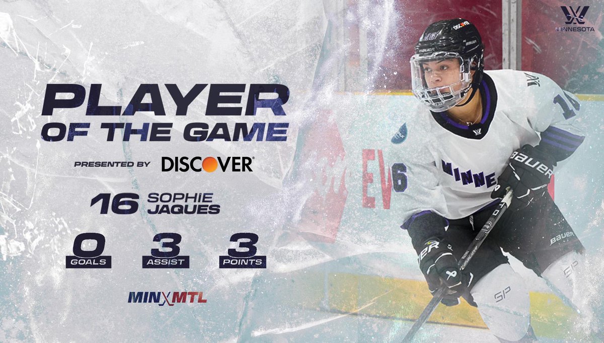 Player of the game @_sophiejaques getting a hat trick of assists on all three goals tonight. PWHL Minnesota x @discover