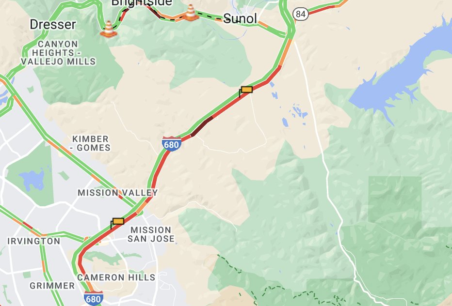 #Fremont #Sunol traffic's slow on #Interstate680 Northbound from Auto Mall to #Highway84. #KCBSTraffic 📷 Caltrans