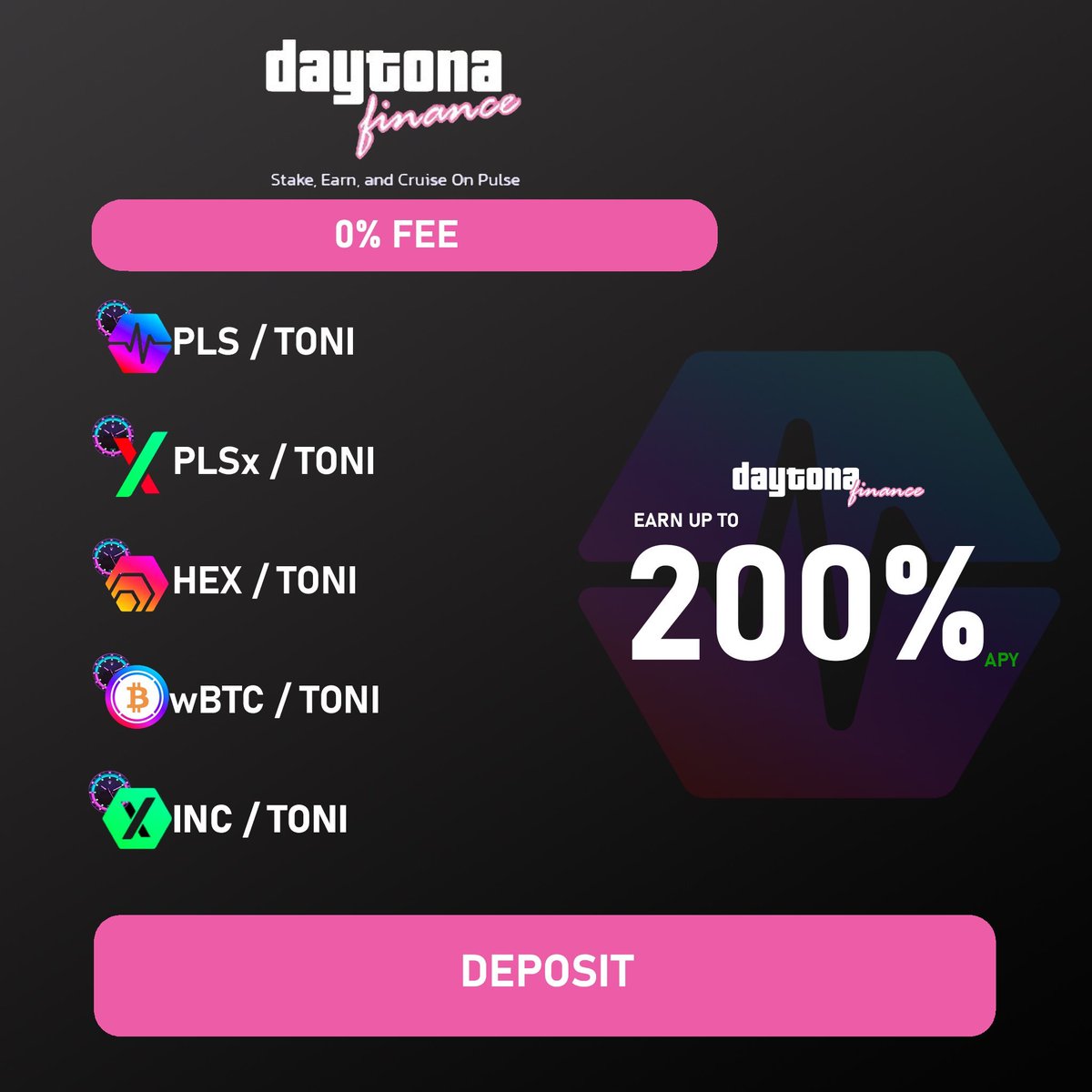 Don't forget. Daytona.Finance has been the easiest yield on #PulseChain since the beginning. LP & Single sided staking Daytona.Finance/Pools⬅️ Daytona.Finance/Farms⬅️ The BEST ecosystem supporting #PulseX📈