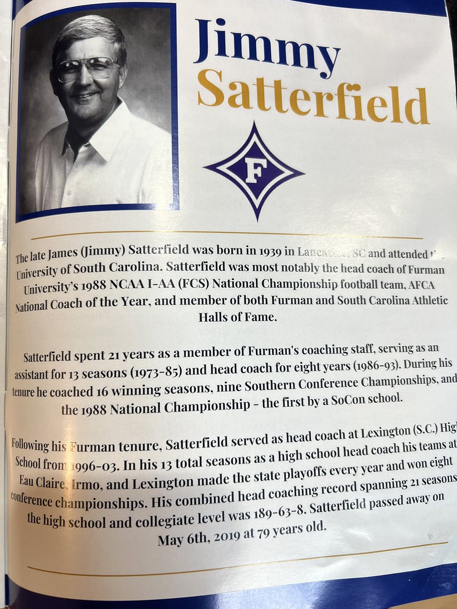 Congratulations to Coach Jimmy Satterfield for being inducted into the @scfootballhof! Coach was my OC and gave me my first job! Led @paladinfootball to the @ncaafcs National Championship in 1988!