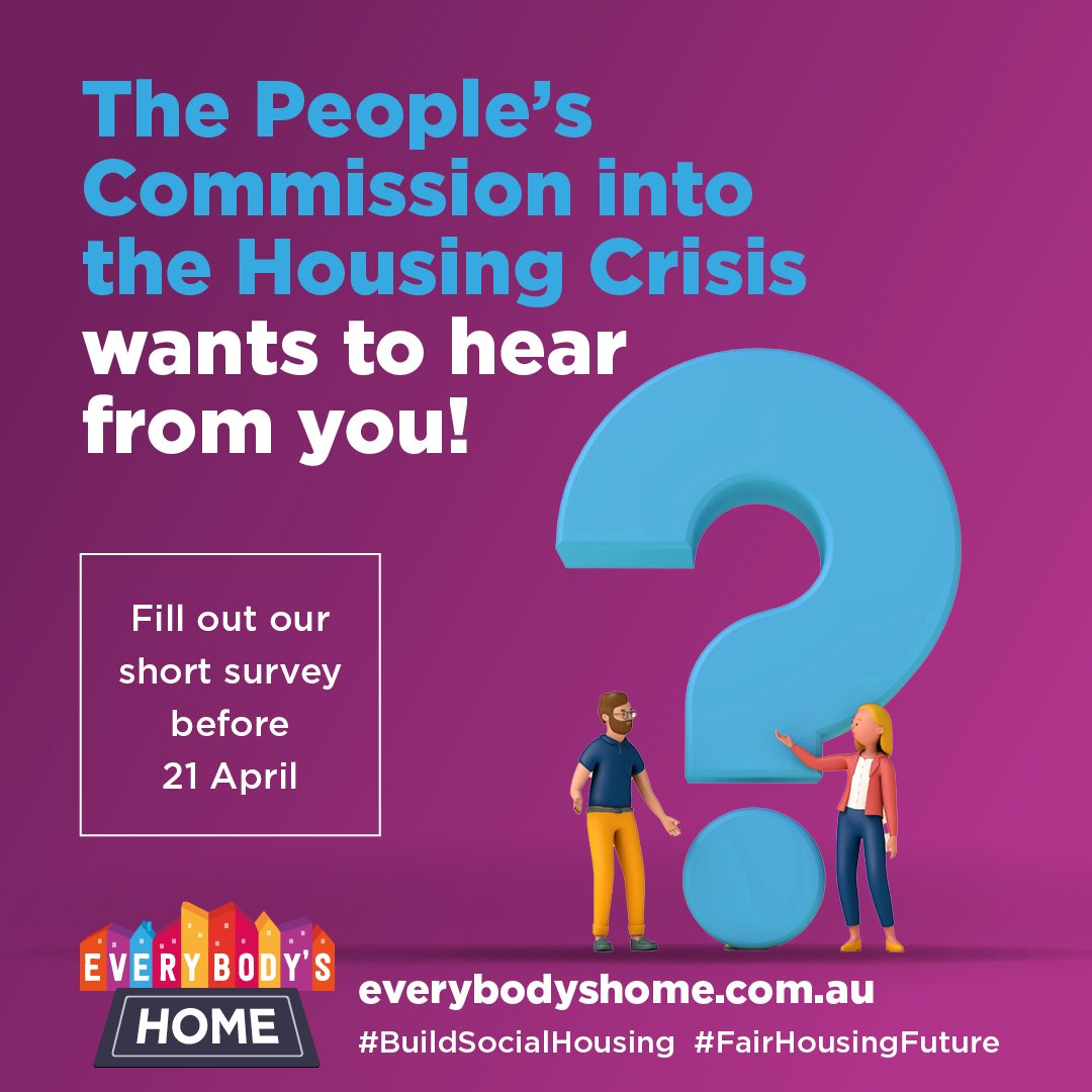 If you're concerned about the #housingcrisis and have a spare five minutes this weekend, please complete our short survey. Your voice matters to the People's Commission into the Housing Crisis #EverybodysHome everybodyshome.com.au/peoples-commis…