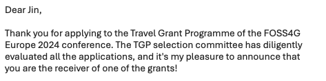 This morning I got email for travel grant program of FOSS4G Europe! It will be really helpful for me to travel from UK to Tartu. Thanks a lot @foss4ge!