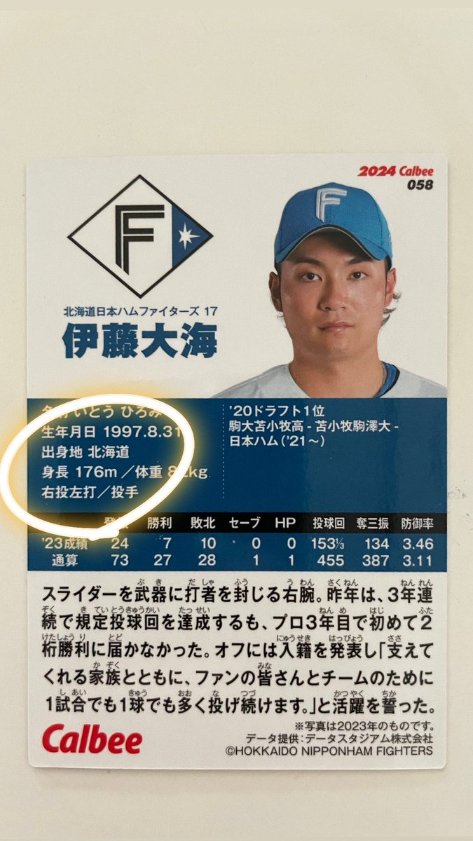inji7e's tweet photo. 昨日当たったプロ野球チップスカード⚾️

球場で実際に見た感じはそんなに
大きく見えなかったんだけどなぁ笑🤣

#プロ野球チップス
#プロ野球チップス2024
#北海道日本ハムファイターズ
#伊藤大海 https://t.co/K7hYTSglTB