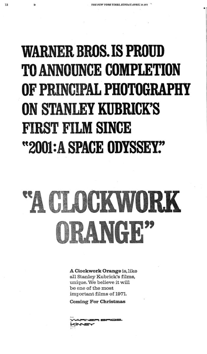 WarnerBros announced OTD in 1971 that principal photography had been completed on StanleyKubrick's A CLOCKWORK ORANGE. It would be Warners' prestige Christmas release later that year, 1 of 3 SK films nominated for the BestPic Oscar.