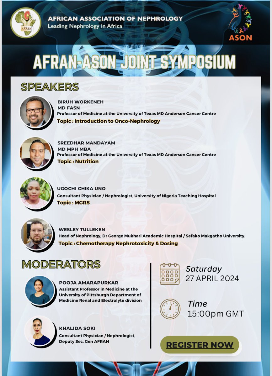 🦀 Save the date*** “AFRAN- ASON Joint Symposium” 📣Great line-up of speakers 🔥Amazing topics for discussion 💥Saturday, April 27, 15:00PM GMT @bdubNephro @Srmanday @MDAndersonNews @PAmarapurkar Dr.Khalida Soki