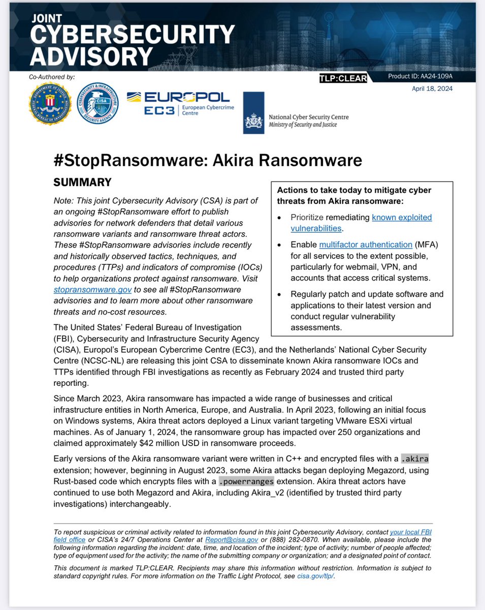 The #FBI, along with its foreign partners, issued a #CybersecurityAdvisory about Akira ransomware group, which has impacted over 250 organizations and claimed approximately $42 million in ransomware proceeds. 

#SriLanka is part of the US led  “International counter ransomware