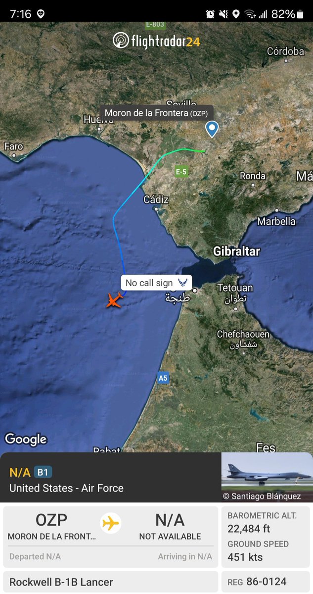 Borrowed7Time's tweet photo. USAF B-1B Lancer 86-0124 #AE6BFE is airborne from Morón AFB, Spain, tracking southwest. Likely unrelated to the current ME events.
h/t @AchakCetan https://t.co/z7yK2jx6FK
