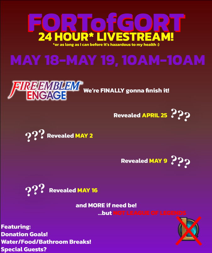 FortofGort's tweet photo. BIG ANNOUNCEMENT

Since its been a little while since the last stream, in order to make up for lost time...

I'M DOING A 24 HOUR LIVESTREAM!!

Join us May 18th-19th for lots of games and fun! https://t.co/ZGoMyMa81F