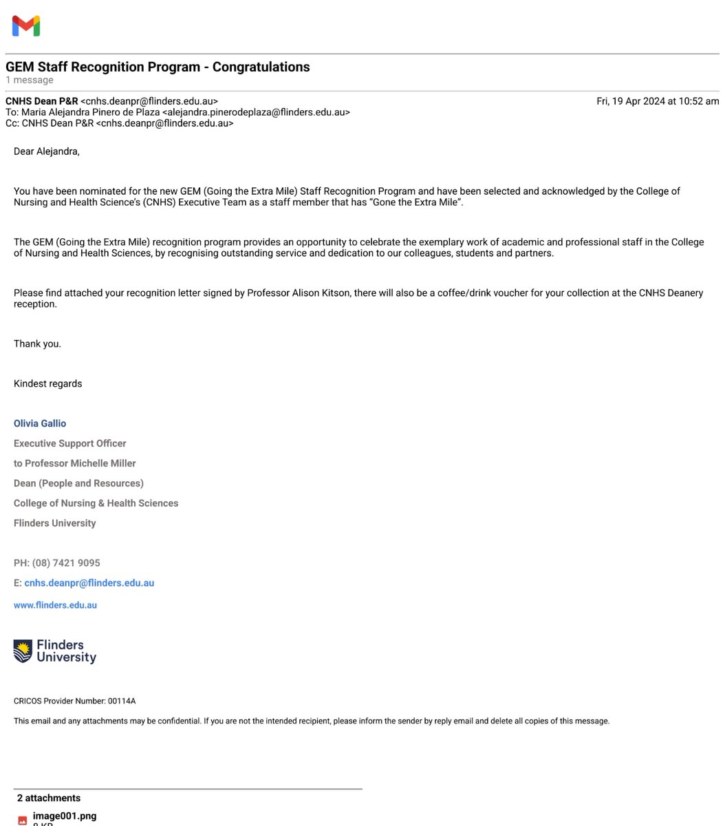 The GEM recognition from @Flinders / @FlindersCNHS deeply touches me! Immense gratitude to @bel_alline for her invaluable mentorship and our executive team, including @alisonlkitson, @clark_ra, @J_Hendriks1, @ProfGolley and many others @FlindersCFI for their excellence. 🙏✴️