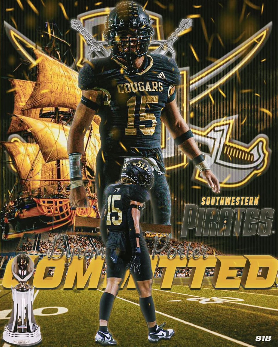 Byronporterjr (@byronporterjr15) on Twitter photo After a great conversation with <a href="/CoachBishopSU2/">Coach John Bishop</a> , I'm glad to say I'm committed to Southwestern University!I'm thankful for my family and all the coaches who've helped me get to this point.
<a href="/SouthwesternU/">Southwestern University</a> <a href="/SUPiratesFB/">Southwestern FB</a> <a href="/CoogsFB/">Cougar Football</a> <a href="/Coach_Norton1/">Darrick Norton</a> <a href="/Crockett_Sports/">Crockett ECHS Athletics</a> <a href="/DebraMeshell4/">Debra Meshell</a> After a great conversation with <a href="/CoachBishopSU2/">Coach John Bishop</a> , I'm glad to say I'm committed to Southwestern University!I'm thankful for my family and all the coaches who've helped me get to this point.
<a href="/SouthwesternU/">Southwestern University</a> <a href="/SUPiratesFB/">Southwestern FB</a> <a href="/CoogsFB/">Cougar Football</a> <a href="/Coach_Norton1/">Darrick Norton</a> <a href="/Crockett_Sports/">Crockett ECHS Athletics</a> <a href="/DebraMeshell4/">Debra Meshell</a>