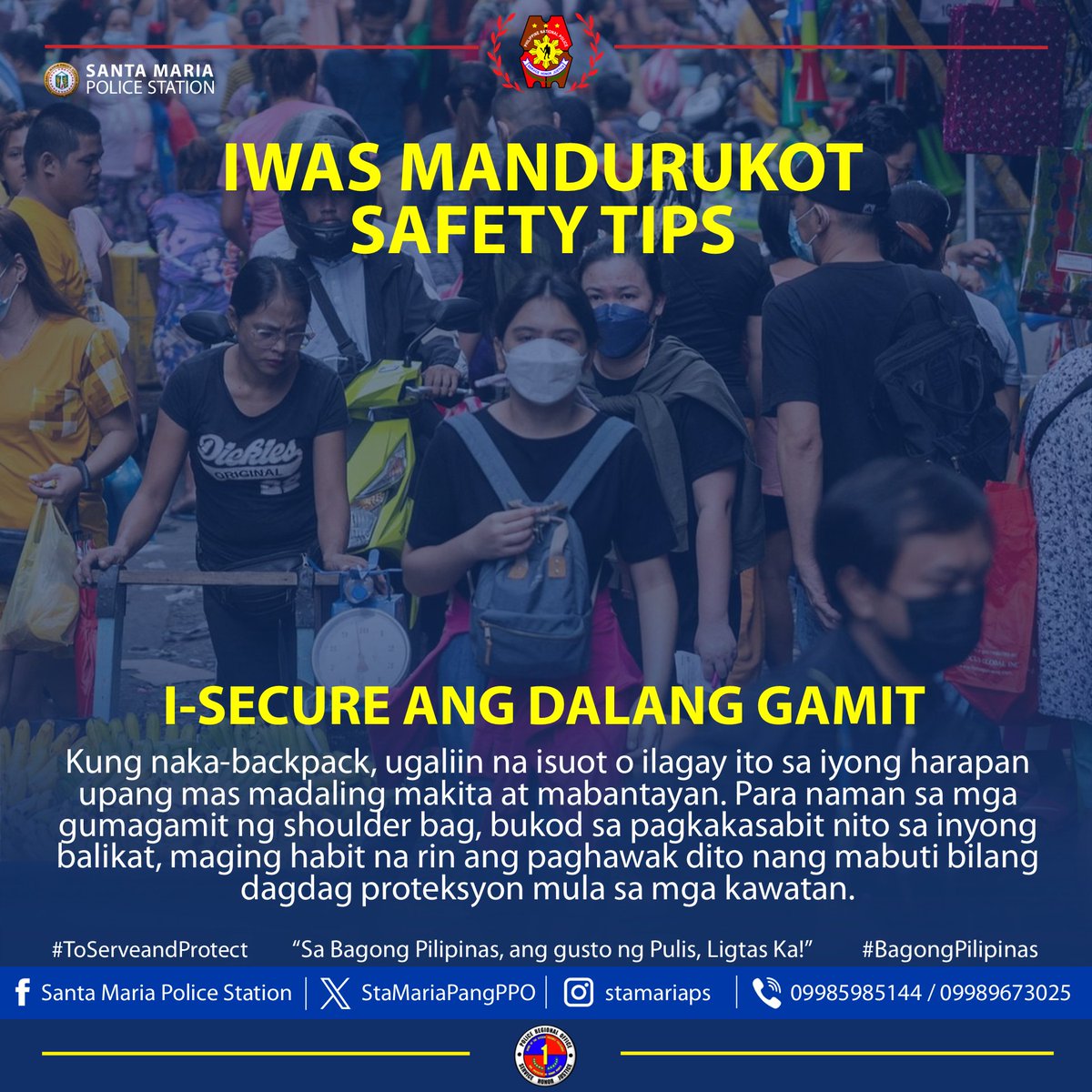 Iwas Mandurukot Ligtas Tips I-secure ang dalang gamit. '𝐒𝐚 𝐁𝐚𝐠𝐨𝐧𝐠 𝐏𝐢𝐥𝐢𝐩𝐢𝐧𝐚𝐬, 𝐚𝐧𝐠 𝐆𝐮𝐬𝐭𝐨 𝐧𝐠 𝐏𝐮𝐥𝐢𝐬, 𝐋𝐢𝐠𝐭𝐚𝐬 𝐊𝐚!' #BagongPilipinas #ToServeandProtect