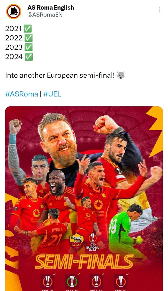 Setelah lolos ke semifinal Liga Champions 2017/18, Roma seakan ketagihan masuk ke semifinal, bahkan final kejuaraan Eropa. 

Tinggal juaranya (lagi) aja ini mah. 

The real penggendong koefisien Italia. 

Cek DNA!. 

<a href="/ASRomaEN/">AS Roma English</a>