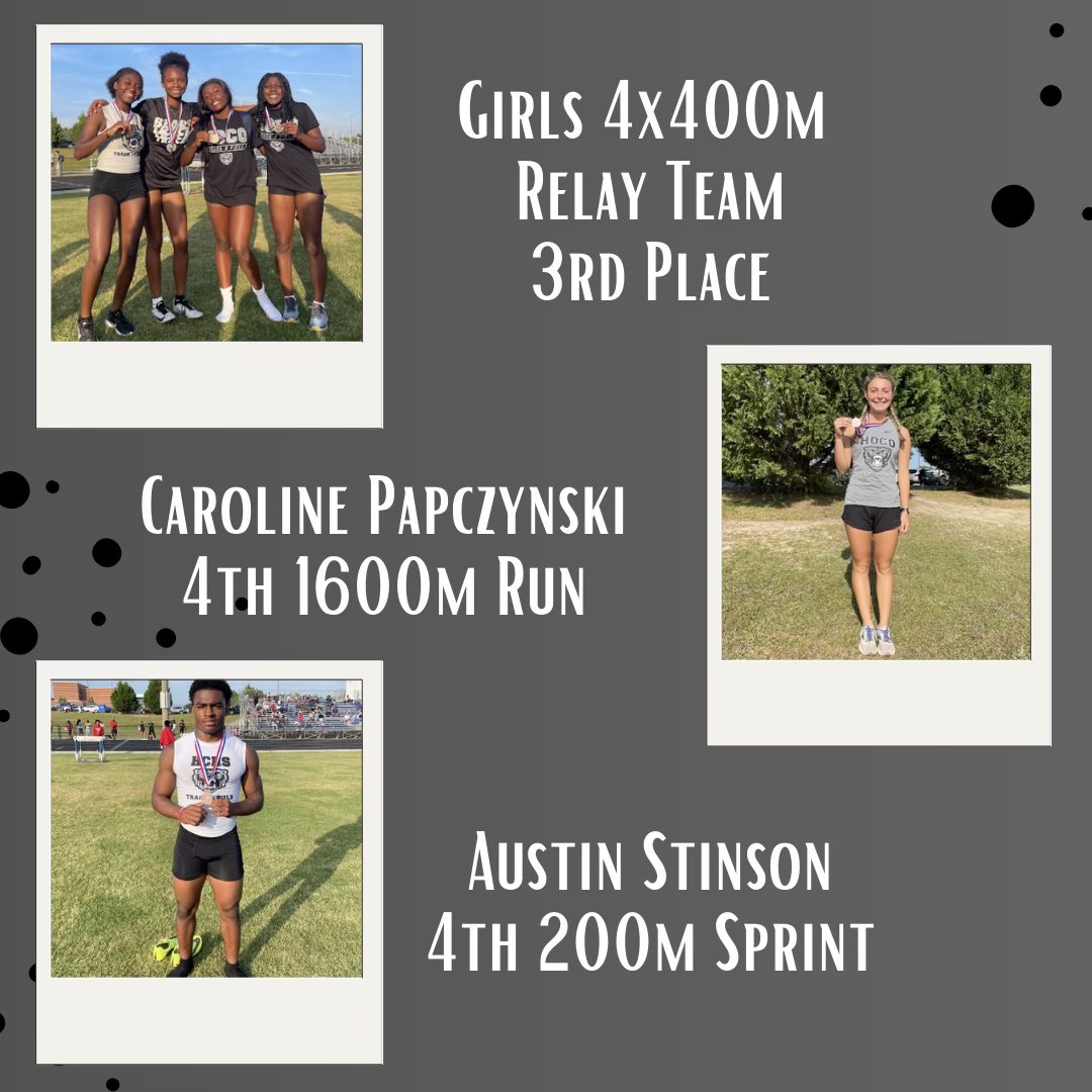 TrackHoco's tweet photo. Region Runner-Ups 🥈
-Aryanna Haynes, 100m Hurdles
-Girls 4x100m Relay Team
-Boys 4x100m Relay Team
-Noah Fitzgerald, 800m

3rd Place 🥉
-Madison Hardrick, 200m 
-Girls 4x400m Relay Team

4th Place
-Madison Hardrick, 400m 
-Caroline Papczynski, 1600m
-Austin Stinson, 200m https://t.co/uJgpWjaCLB